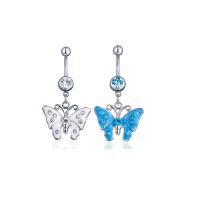 Stainless Steel Belly Ring, with Tibetan Style, Butterfly, platinum color plated, Unisex & enamel & with rhinestone, more colors for choice, 5x1.60x11mm, Sold By PC