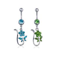 Tibetan Style Belly Ring, with Czech Rhinestone, Flower, platinum color plated, for woman, more colors for choice, 5x1.60x11mm, Sold By PC