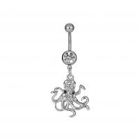 Tibetan Style Belly Ring, with Czech Rhinestone, Octopus, platinum color plated, for woman, silver color, 5x1.60x11mm, Sold By PC