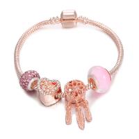 European Bracelet, Brass, with Lampwork, Heart, light rose gold color plated, snake chain & for woman, pink, nickel, lead & cadmium free, Length:Approx 7 Inch, Sold By PC