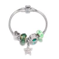 European Bracelet, Brass, with Lampwork, Star, silver color plated, snake chain & for woman & with cubic zirconia, green, nickel, lead & cadmium free, Length:Approx 7 Inch, Sold By PC