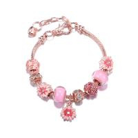 European Bracelet Brass with Lampwork & Zinc Alloy Daisy light rose gold color plated snake chain & for woman & enamel & with cubic zirconia pink nickel lead & cadmium free Length Approx 7 Inch Sold By PC
