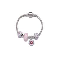 European Bracelet Brass Daisy silver color plated snake chain & for woman & enamel pink nickel lead & cadmium free Length Approx 7 Inch Sold By PC