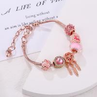 European Bracelet Brass with Lampwork & Zinc Alloy Flower light rose gold color plated snake chain & for woman & with cubic zirconia pink nickel lead & cadmium free Length Approx 7 Inch Sold By PC