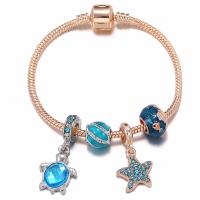 European Bracelet, Brass, with Tibetan Style, Star, light rose gold color plated, snake chain & for woman & enamel & with cubic zirconia, blue, nickel, lead & cadmium free, Length:Approx 7 Inch, Sold By PC