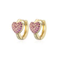 Brass Huggie Hoop Earring, Heart, 18K gold plated, micro pave cubic zirconia & for woman, more colors for choice, 15mm, Sold By Pair