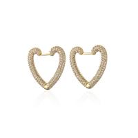 Brass Huggie Hoop Earring, Heart, 18K gold plated, micro pave cubic zirconia & for woman, more colors for choice, 15mm, Sold By Pair