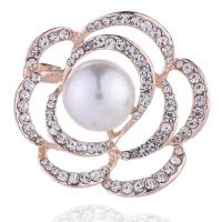 Tibetan Style Brooches, with Plastic Pearl, Flower, rose gold color plated, fashion jewelry & for woman & with rhinestone, nickel, lead & cadmium free, 38x36mm, Sold By PC