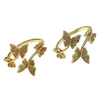Brass Cuff Finger Ring, Butterfly, Adjustable & micro pave cubic zirconia & for woman, golden, 24x24x2mm, Sold By PC