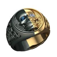 Tibetan Style Finger Ring, plated, Unisex & Halloween Jewelry Gift & with skull pattern & with rhinestone & two tone, mixed colors, 14.80mm, Sold By PC