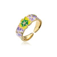 Brass Cuff Finger Ring 18K gold plated Adjustable & with flower pattern & micro pave cubic zirconia & for woman & enamel mixed colors 7mm Sold By PC