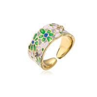 Brass Cuff Finger Ring, 18K gold plated, Adjustable & with flower pattern & for woman & enamel, green, 10mm, Sold By PC