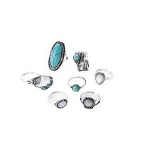 Juego de anillos de aleación de zinc, con turquesa, chapado, 8 piezas & Joyería & para mujer, color original, Vendido por Set