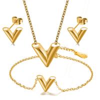 Zinc Alloy Jewelry Sets Stud Earring & bracelet & necklace Letter V plated three pieces & fashion jewelry & for woman Sold By Set