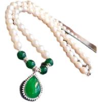 Natural Freshwater Pearl Necklace, with Green Calcedony & Carnelian & Tibetan Style, for woman & with rhinestone, more colors for choice, Length:38 cm, Sold By PC