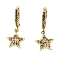 Huggie Hoop Drop Earring, Brass, Star, micro pave cubic zirconia & for woman, golden, 15x14x2mm, Sold By Pair