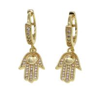Huggie Hoop Drop Earring, Brass, Hand, micro pave cubic zirconia & for woman, golden, 13x7x3mm, Sold By Pair
