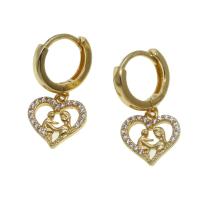 Huggie Hoop Drop Earring, Brass, Heart, micro pave cubic zirconia & for woman, golden, 11x10x2mm, Sold By Pair