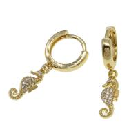 Huggie Hoop Drop Earring, Brass, Seahorse, micro pave cubic zirconia & for woman, golden, 26x23x3mm, Sold By Pair