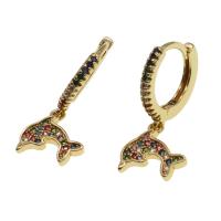 Huggie Hoop Drop Earring, Brass, Dolphin, micro pave cubic zirconia & for woman, golden, 13x9x3mm, Sold By Pair