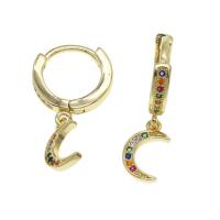 Huggie Hoop Drop Earring, Brass, Moon, micro pave cubic zirconia & for woman, golden, 11x7x2mm, Sold By Pair