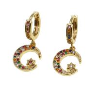 Huggie Hoop Drop Earring Brass Moon and Star micro pave cubic zirconia & for woman golden Sold By Pair