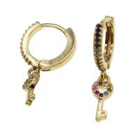 Huggie Hoop Drop Earring Brass Key micro pave cubic zirconia & for woman golden Sold By Pair
