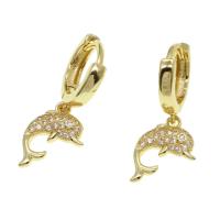 Huggie Hoop Drop Earring, Brass, Dolphin, micro pave cubic zirconia & for woman, golden, 13x10x3mm, Sold By Pair