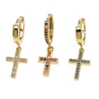 Huggie Hoop Drop Earring Brass Cross micro pave cubic zirconia & for woman Sold By Pair