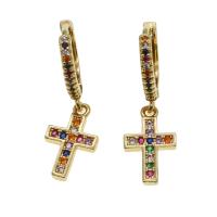 Huggie Hoop Drop Earring Brass Cross micro pave cubic zirconia & for woman golden Sold By Pair