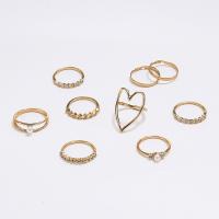 Cink Alloy Ring Set, Cink ötvözet, -val ABS műanyag gyöngy, galvanizált, kilenc darab & divat ékszerek & a nő & strasszos, aranysárga, Által értékesített Set