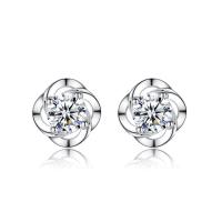 Brass Stud Earring, with Rhinestone, Four Leaf Clover, platinum plated, for woman, silver color, nickel, lead & cadmium free, 7x7mm, Sold By Pair