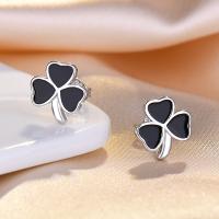 Brass Stud Earring with Epoxy Sticker Three Leaf Clover silver color plated for woman silver color nickel lead & cadmium free Sold By Pair