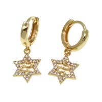 Huggie Hoop Drop Earring, Brass, Star, micro pave cubic zirconia & for woman, golden, 16x12x2mm, Sold By Pair