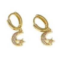 Huggie Hoop Drop Earring, Brass, Moon and Star, micro pave cubic zirconia & for woman, golden, 14x10x2mm, Sold By Pair