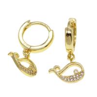 Huggie Hoop Drop Earring, Brass, Dolphin, micro pave cubic zirconia & for woman, golden, 12x14x2mm, Sold By Pair
