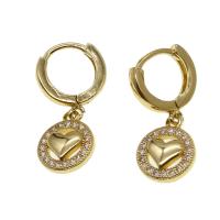 Huggie Hoop Drop Earring Brass Round with heart pattern & micro pave cubic zirconia & for woman golden Sold By Pair