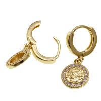 Huggie Hoop Drop Earring, Brass, Round, tree of life design & micro pave cubic zirconia & for woman, golden, 15x12x2mm, Sold By Pair