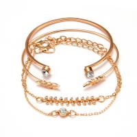 Zinc Alloy Bracelet Leaf gold color plated 4 pieces & Adjustable & fashion jewelry & for woman & with rhinestone Sold By Set