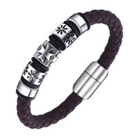 PU Leather Bracelet with Titanium Steel silver color plated braided bracelet & for man brown 8mm Sold By PC