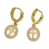 Huggie Hoop Drop Earring, Brass, Round, with cross pattern & micro pave cubic zirconia & for woman, golden, 16x12x3mm, Sold By Pair