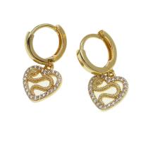 Huggie Hoop Drop Earring, Brass, Heart, micro pave cubic zirconia & for woman, golden, 13x13x2mm, Sold By PC