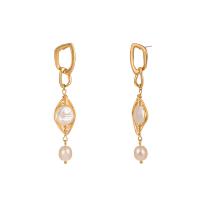 Tibetan Style Drop Earrings, with Plastic Pearl, gold color plated, fashion jewelry & for woman, golden, 74x14mm, Sold By Pair