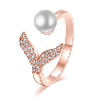 Brass Cuff Finger Ring with Rhinestone & Plastic Pearl Mermaid tail plated for woman nickel lead & cadmium free Sold By PC