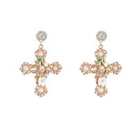 Zinc Alloy Drop Earrings with ABS Plastic Pearl Cross fashion jewelry & for woman & with rhinestone Sold By Pair