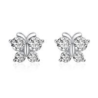 Brass Stud Earring, with Rhinestone, Butterfly, silver color plated, for woman, silver color, nickel, lead & cadmium free, 10x12mm, Sold By Pair