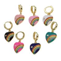 Huggie Hoop Drop Earring, Brass, Heart, rainbow design & micro pave cubic zirconia & for woman & enamel, more colors for choice, 21x18x4mm, Sold By Pair