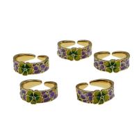 Brass Cuff Finger Ring, Adjustable & with flower pattern & micro pave cubic zirconia & for woman & enamel, mixed colors, 21x21x8mm, Sold By PC