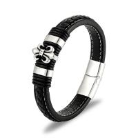 Leather Bracelet with Titanium Steel silver color plated woven pattern & for man black 12mm Length Approx 8.27 Inch Sold By PC