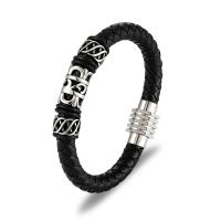 Cuir bracelet, avec Acier titane, Placage de couleur argentée, bracelet tressé & pour homme, noire, 8mm, Longueur Environ 8.27 pouce, Vendu par PC